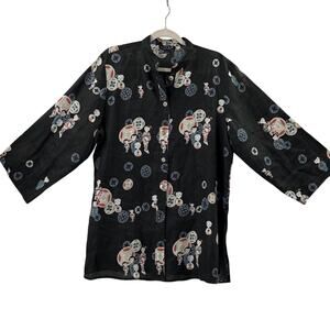 CITRON‎ 100% Linen Black Semi Sheer Asian Geisha Tunic Side Slits Size L